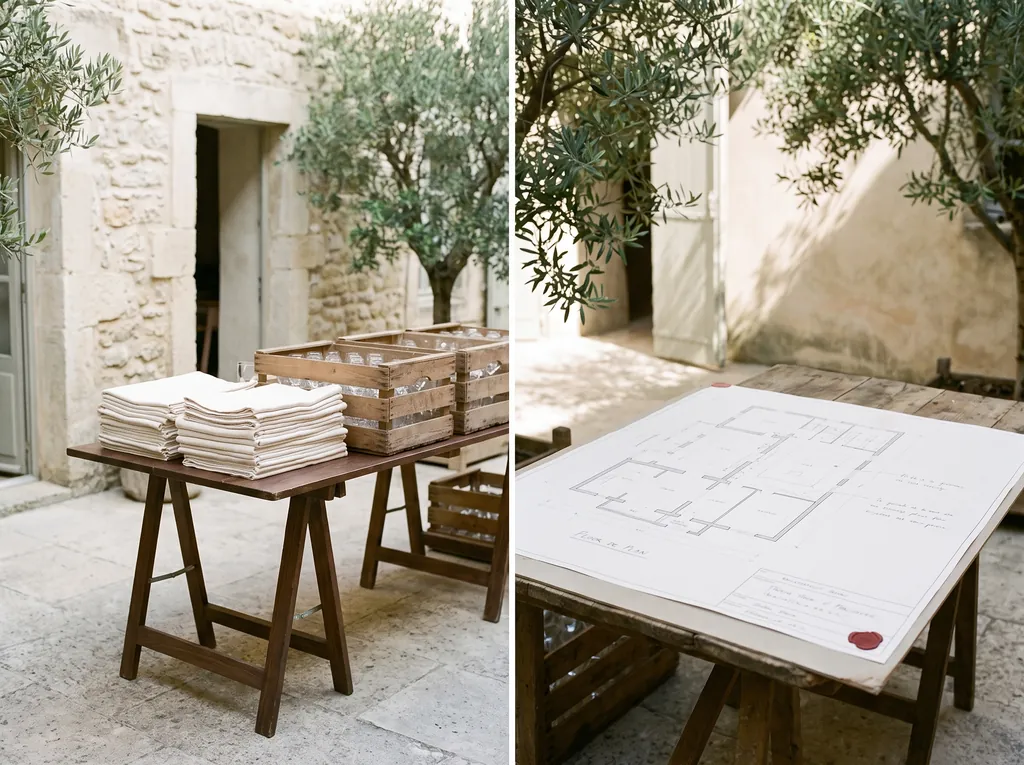 Floor plans and folded linen laid out on trestle tables in a stone courtyard, under an olive tree