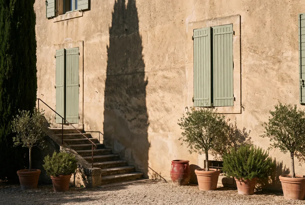 A sunlit limestone facade with pale green shutters and potted olive trees