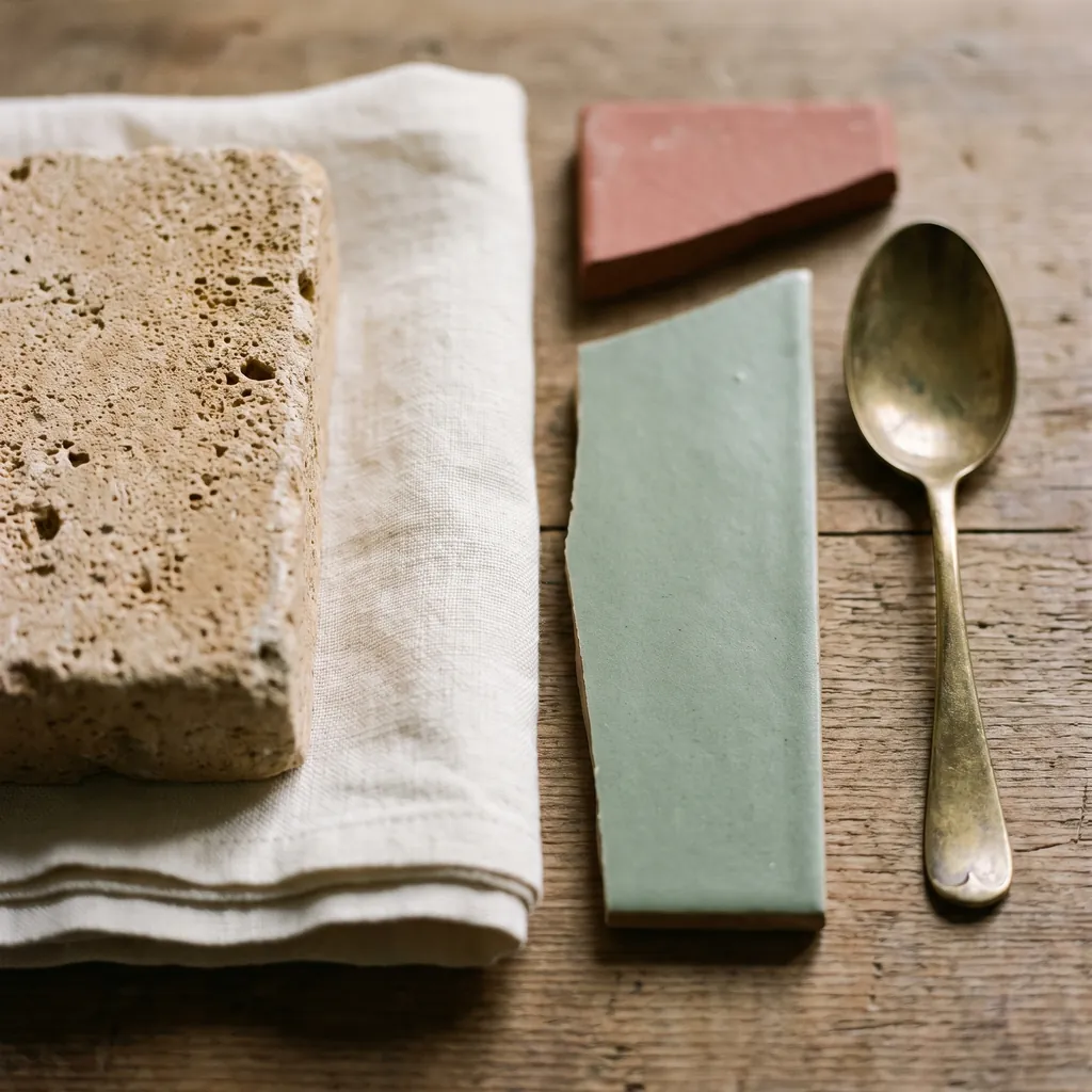 Limestone, washed linen, glazed ceramic and aged brass on a wooden table