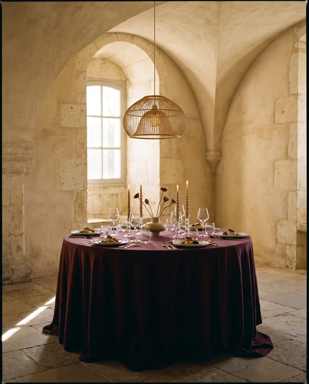 An intimate dinner for eight in a vaulted stone room lit by candles